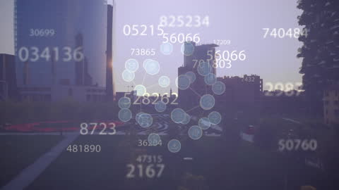 Digital Globe and Data Overlay on Modern Cityscape Background