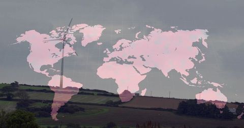 Global sustainability: map overlay with rural landscape and wind turbine
