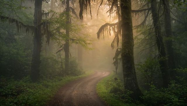 Winding mist-shrouded forest path curving through mossy temperate woods at dawn