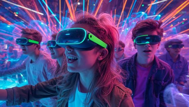 Friends Immersed in Neon VR Adventure with Futuristic Headsets