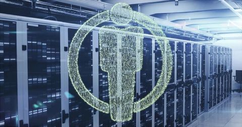 Holographic Icon Sever Aisle Emphasizing Futuristic Cybersecurity