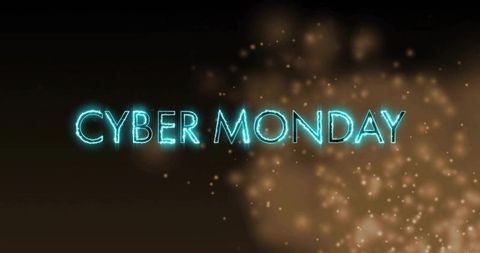 Neon cyan cyber monday text glowing with teal electric glow and gold bokeh promo banner