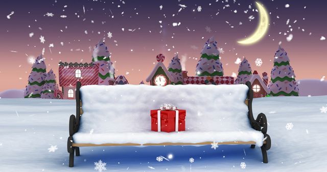 Snow-Covered Bench with Christmas Present in Festive Winter Scene - Download Free Stock Images Pikwizard.com