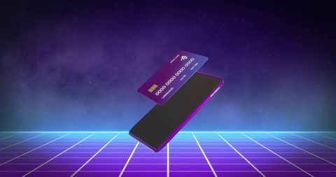 Floating smartphone and credit card depicting digital payments