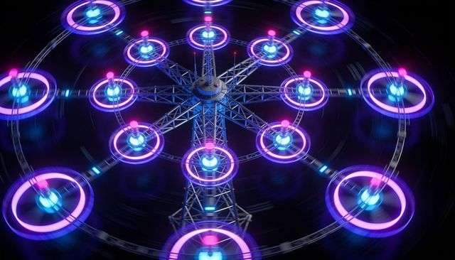 Neon ferris wheel rotating with futuristic spinning orb gondolas around central tower