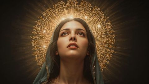 Woman with Glowing Ornate Halo Symbolizing Spirituality and Revere