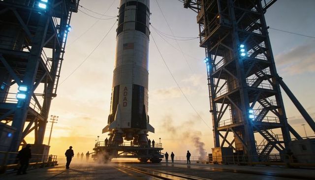 Technicians inspecting heavy-lift rocket on mobile platform at sunset launch complex