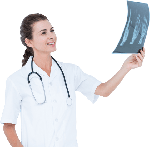 Smiling female doctor reviewing transparent x-ray