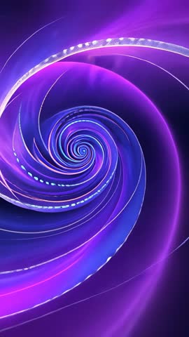 Vertical loop rotating neon spiral vortex with pulsing ribbons and glowing digital squares