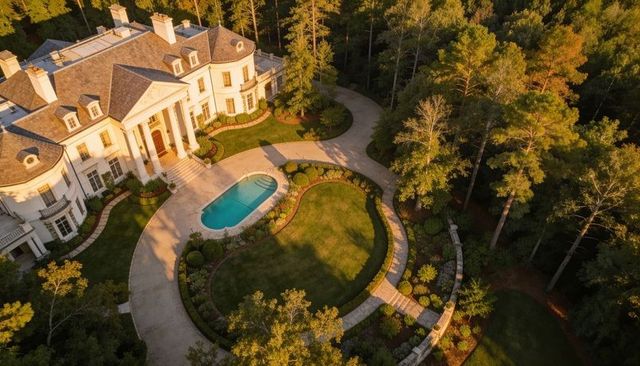 Neoclassical mansion basking in golden hour on wooded estate with pool and curved drive