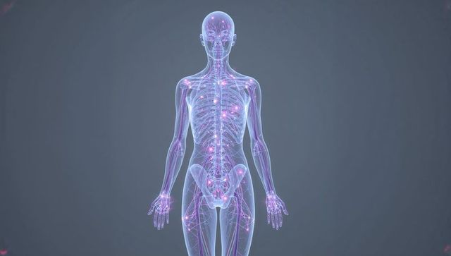 Holographic translucent human nervous system highlighting spinal cord and peripheral nerves