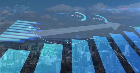 Digital financial data and statistics over cityscape background