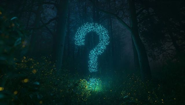 Mysterious glowing question mark in enchanted forest