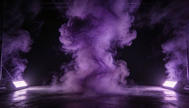 Swirling purple smoke column rising on reflective stage floor lit by led lights
