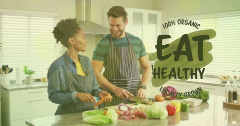 Diverse Couple Cooking Fresh Organic Meal Together