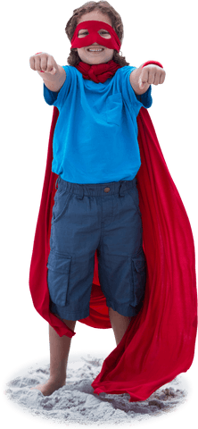 Portrait shows young boy joyfully wearing superhero costume including bright red mask and flowing cape, exuding confidence and playful imagination. Ideal for marketing children's clothes, costumes, storytelling themes, or articles promoting kids' creativity and imaginative play.