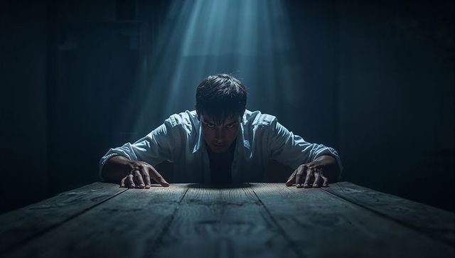 Man in tense atmosphere in dimly lighted room