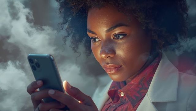 Professional woman in lab coat using smartphone for research