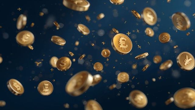 Glinting gold coins floating with global currency symbols and digital tokens sparkle bokeh