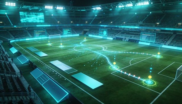 Futuristic soccer stadium with holographic ar match analytics and player tracking overlays