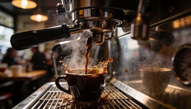 Barista espresso pouring into ceramic cup with steam and splash close-up coffee moment