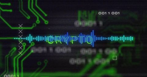 Glitch Crypto Waveform Visualizing Neon Cyber Signal, Binary Code and Circuit Traces