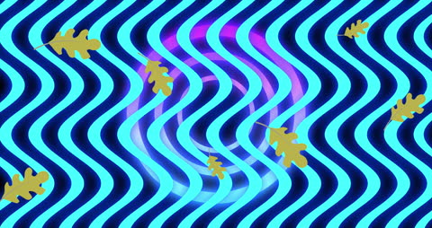 Abstract Wavy Blue Background with Floating Leaves