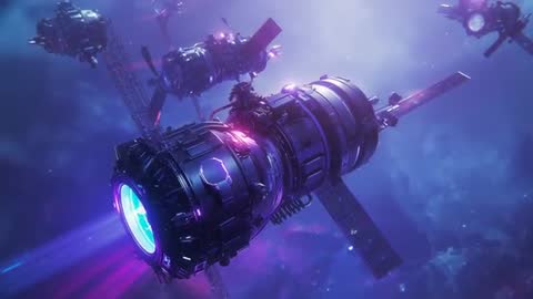 Futuristic Spacecraft Cluster Navigating Nebula