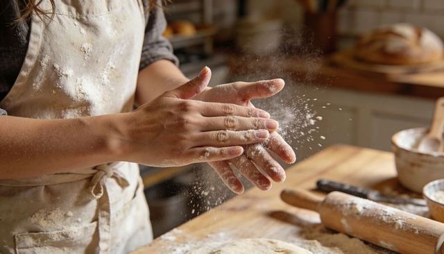 Clapping hands dusting flour while preparing rustic bread dough on wooden countertop