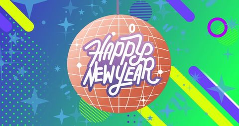 Happy New Year Text on Festive Disco Ball Design