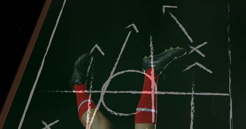Displaying soccer tactics chalkboard with player legs wearing red socks and black cleats