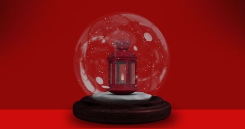 Red lantern inside snow globe over red background