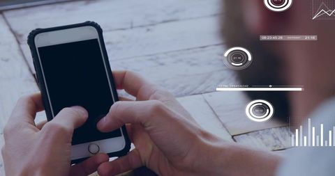 Hands Holding Rugged Smartphone Tapping Home Button with Futuristic HUD Data Overlays