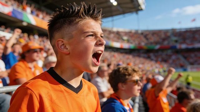 Passionate teen fan cheering loudly in orange jersey at sunny football stadium crowd