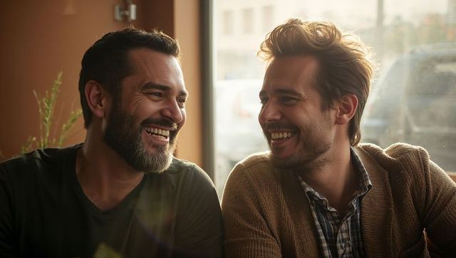 Two men laughing together in cozy sunlit cafe sharing warm conversation