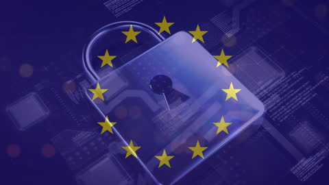 Cybersecurity Lock with EU Stars Against Dark Background