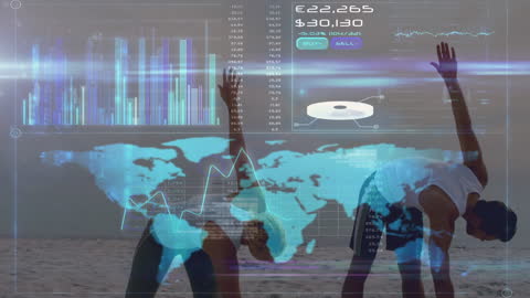 Digital Market Analysis Overlaying Beach Exercise Scene