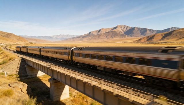 Rushing stainless-steel passenger train curving across concrete bridge, mountain panorama