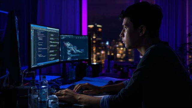 Asian programmer coding at night on dual monitors with city skyline backdrop
