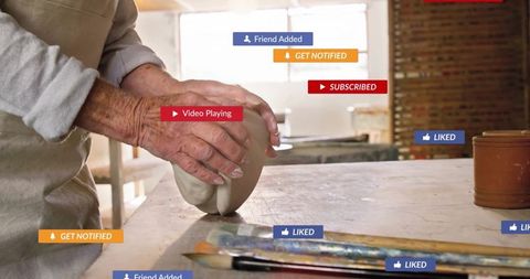 Female Artisan Crafting Pottery Surrounded by Digital Notifications