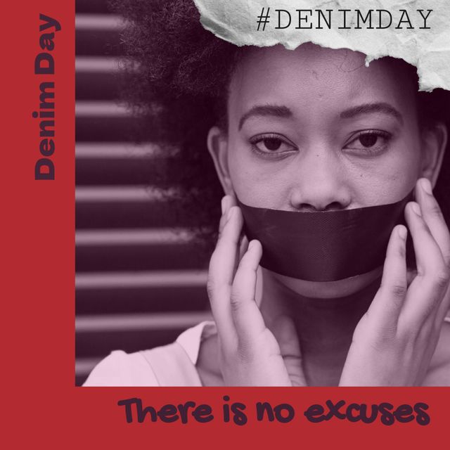 This image can be used to promote awareness for Denim Day, a campaign focused on standing against sexual violence and supporting survivors. With the woman’s serious and resolute expression as she holds tape over her mouth, this powerful imagery highlights the impact of silence and the importance of speaking out. Ideal for social media campaigns, blog posts, and informational materials centered on advocacy, human rights, and social change.