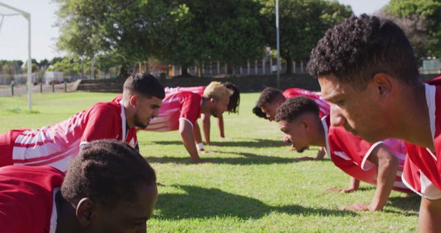 Diverse group of male football players warming up on field, doing push-ups - Download Free Stock Photos Pikwizard.com