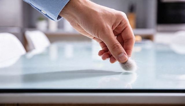 Adult hand picking lint ball from glass tabletop closeup for cleaning and home maintenance