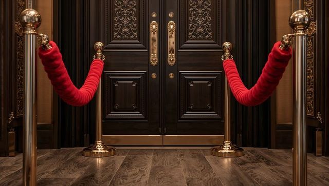 Opulent dark double doors with gold stanchions and red velvet ropes in luxury lobby
