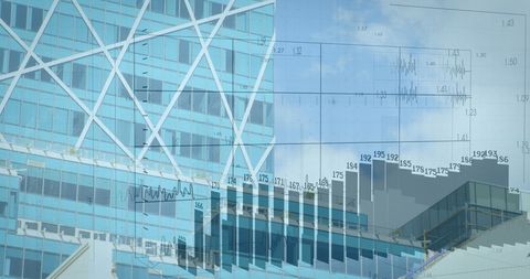 Financial Data Overlay on Modern Cityscape Illustrating Global Business