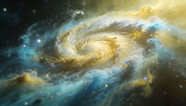 Swirling golden-core spiral galaxy with turquoise nebula arms and luminous stars cosmic glow