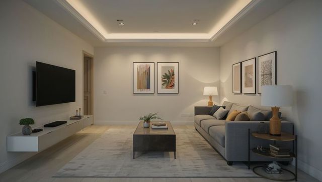Modern minimalist living room with grey sofa, wall-mounted tv and ambient cove lighting