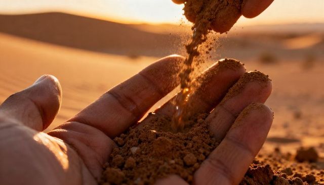 Cupped hands pouring warm desert sand at golden hour, close-up texture and backlight