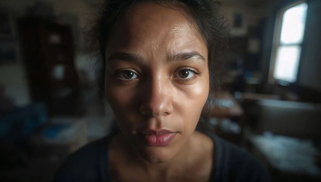 Close-up portrait of woman facing camera showing natural skin under soft window light