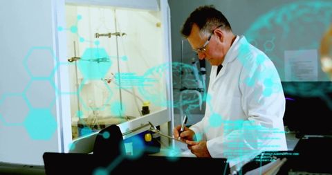 Senior Chemist Recording Data at Fume Hood, Writing on Clipboard with Molecular Data Overlay